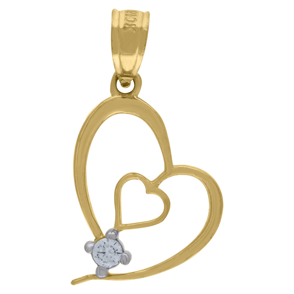 10kt 10k Two-Tone Gold Womens Cubic Zirconia Double Heart Love Charm Pendant